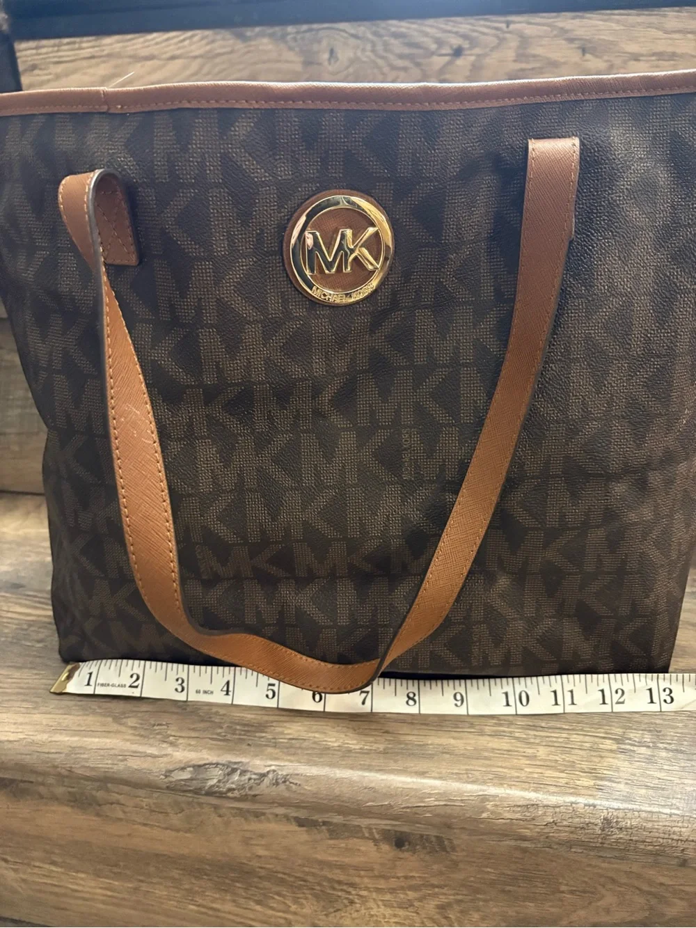 Michael Kors Brown Logo Tote with Tan Straps and Gold MK Emblem